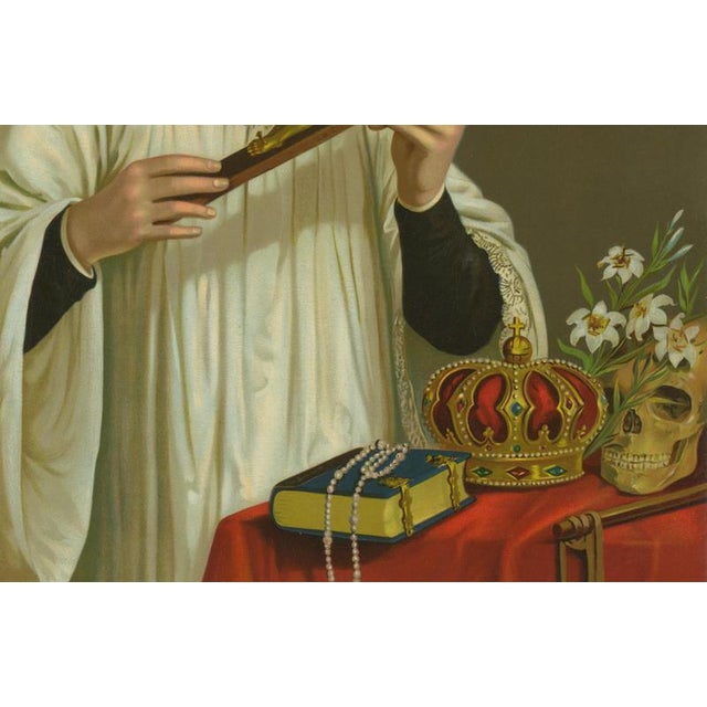 German Devotional Press, St. Aloysius Gonzaga with Crown, Skull and Crucifix, 1899, Chromolithograph on Paper For Sale - Image 3 of 10