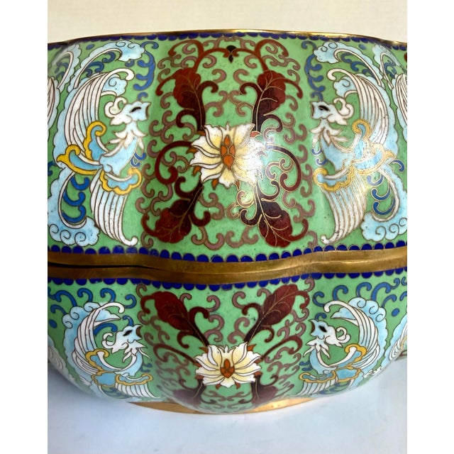 Vintage Chinese Cloisonné Pumpkin Form Lidded Vessel With Phoenix & Peony Decoration For Sale In Los Angeles - Image 6 of 15