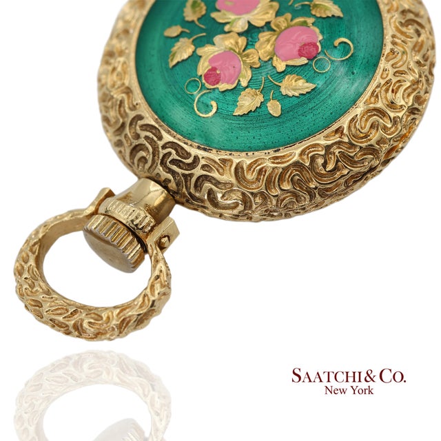 18k 750 Yellow Gold Enamel Pocket Watch Pendant Necklace For Sale - Image 9 of 14