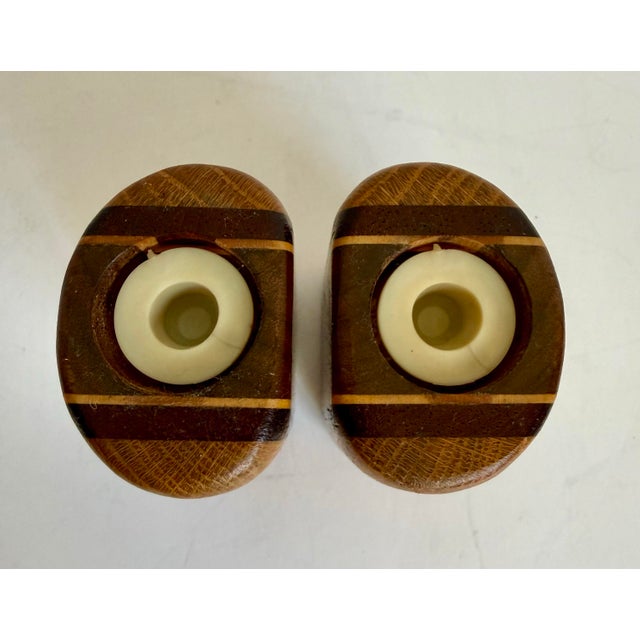 Brown 1970s Organic Modern Wood Salt & Pepper Shakers With Striped Inlay For Sale - Image 8 of 8