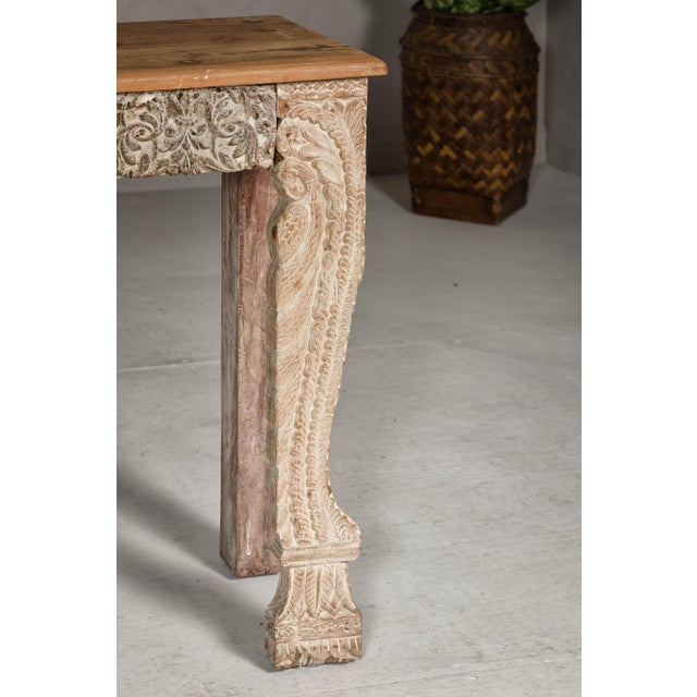 Mughal Style Whitewash Console Table with Foliage Carved Apron and Legs For Sale - Image 12 of 12