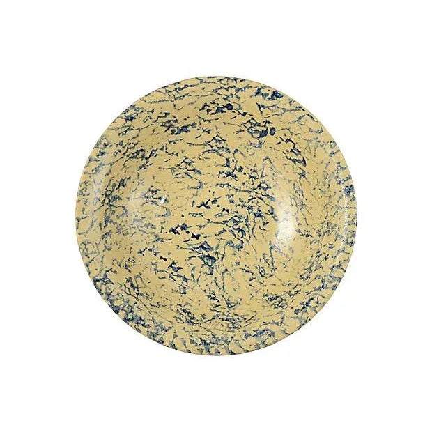Robinson Ransbottom Pottery 11 inch yellow clay farmhouse bowl with a blue sponge speckle spatter glaze, circa 1950....