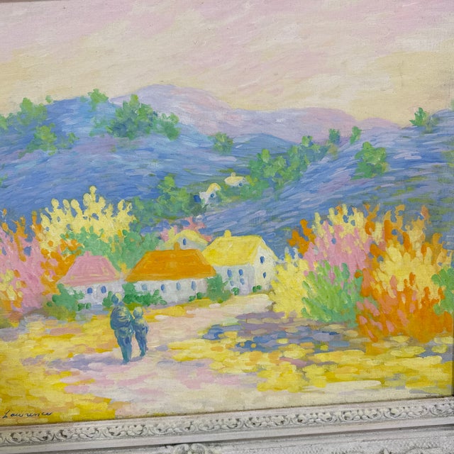 Orange Vintage French Pastel Landscape Painting – Colorful Countryside Village – Ornate Frame For Sale - Image 8 of 11