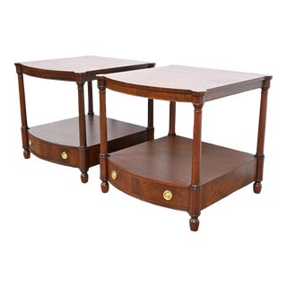 Baker Furniture Georgian Flame Mahogany Bow Front Bedside Tables, Newly Refinished For Sale