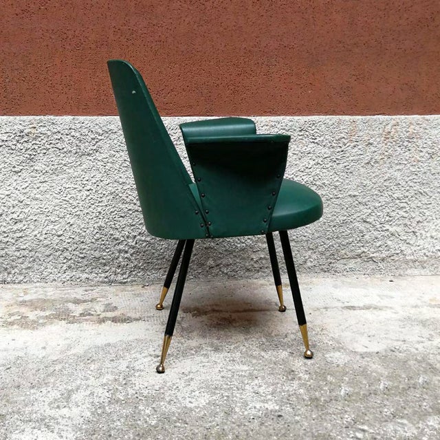 Dims.: 23.6"W x 23.6"D x 31.5"H Seat Height: 17" Italian steel, brass faux leather armchair, circa: 1950's. Armchair with...