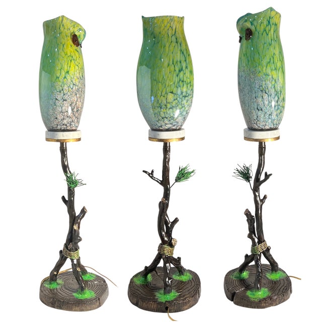 Green Murano Art Glass Owl Perched on a Tree Branch Torchiere Lamp For Sale - Image 8 of 18
