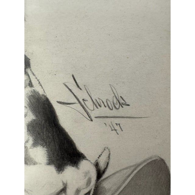 1940s 1940s Original Signed Graphite Illustration of Child Holding Puppy, 11.5 × 9 In. For Sale - Image 5 of 6
