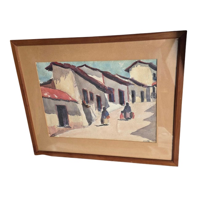 Mexican Street Scene Watercolor Painting by Juana Dominguez For Sale