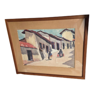 Mexican Street Scene Watercolor Painting by Juana Dominguez