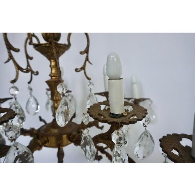 Glass Mid-20th Century Spanish Cast Brass & Crystal Chandelier For Sale - Image 7 of 8