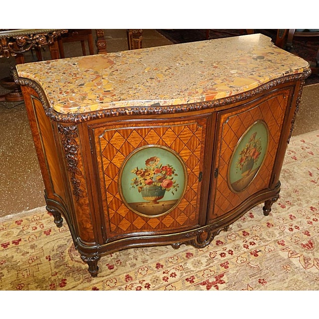 1920s 1920's Marble Top Paint Decorated Walnut French Louis XVI Style Dresser Commode For Sale - Image 5 of 11