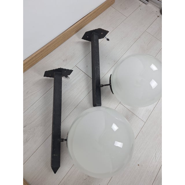 Metal Wall Lamps in Black Lacquered Iron and Brass with Etched Glass Sphere, 1950s, Set of 2 For Sale - Image 7 of 17