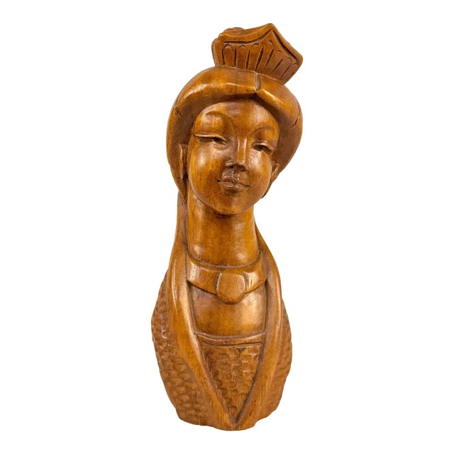 Mid-Century Carved Wood Ethnic Women Bust Sculpture For Sale