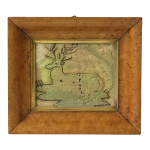 Buck Deer Animal Needlepoint Wall Art with Birdseye Maple Frame Black Forest Style