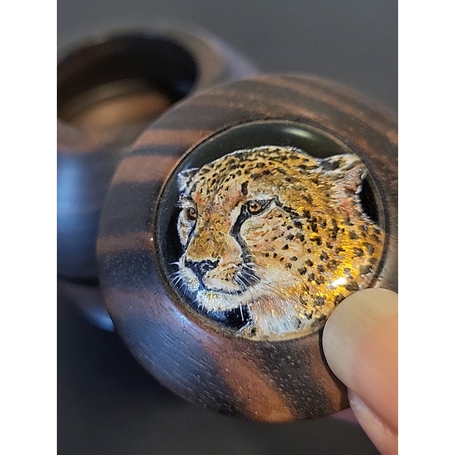 Contemporary Hand Turned Tabacco Jar Wooden With Leopard For Sale - Image 3 of 8