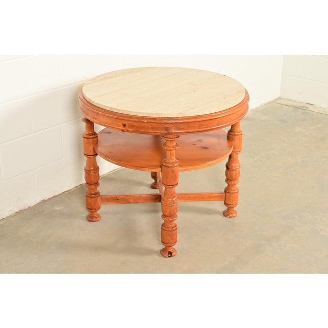 French Country Baker Furniture Italian Provincial Pine and Travertine Top Tea Table or Center Table For Sale - Image 3 of 12
