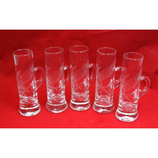 Mid Century Hand Blown Crystal Etched Vodka Cordial Glasses With Applied Handles- Set of 5 For Sale - Image 4 of 12