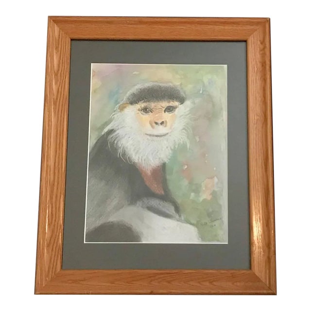Monkey With Beard / Wildlife Watercolor and Crayon MIX Media Painting - Signed Ruth Warner 2007 For Sale