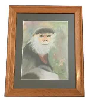 Monkey With Beard / Wildlife Watercolor and Crayon MIX Media Painting - Signed Ruth Warner 2007