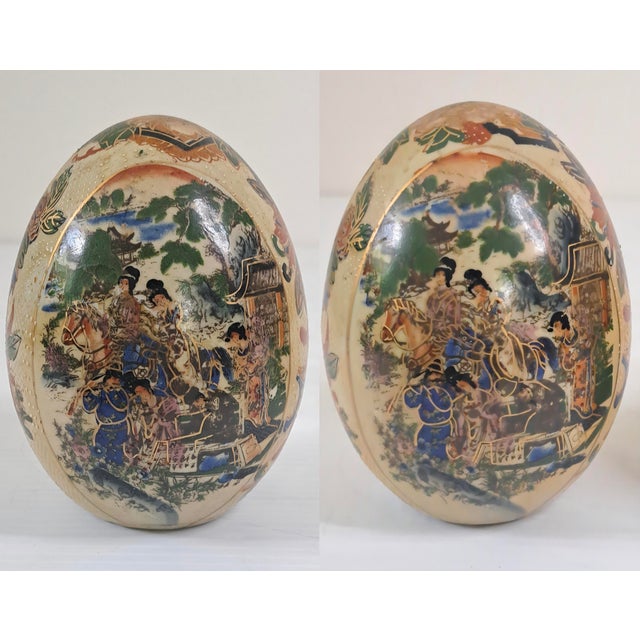 Ceramic Vintage Pair Chinese Satsuma‑Style Hand‑Painted Porcelain Eggs 5" For Sale - Image 7 of 10