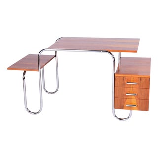 Czech Bauhaus Writing Desk in Walnut and Chrome attributed to Robert Slezak, 1940s For Sale