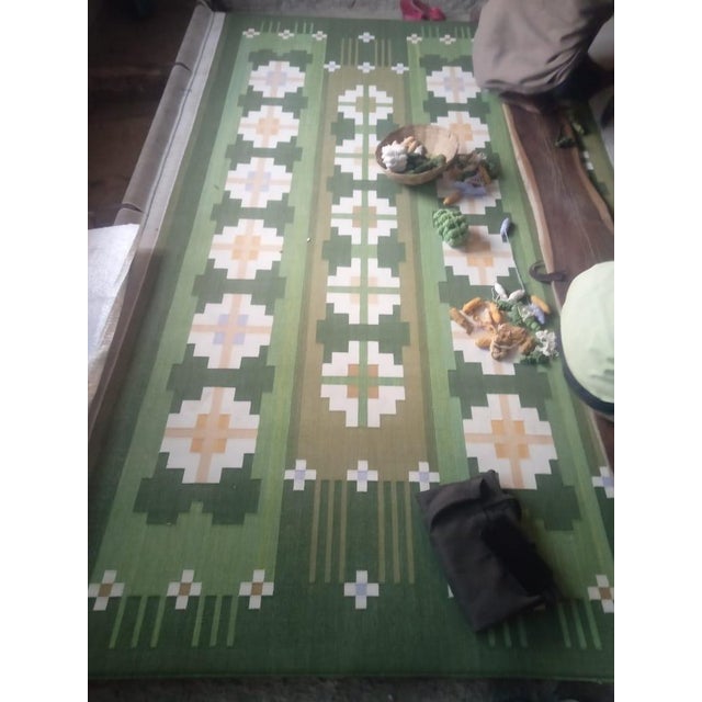 Handmade Cotton Rug, Natural Vegetable Dyed Green and Cream Geometric Rug - 10'x14' For Sale - Image 11 of 11