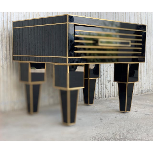 New Pair of Mirrored Low Nightstand in Black Mirror and Chrome with Drawer For Sale - Image 4 of 18