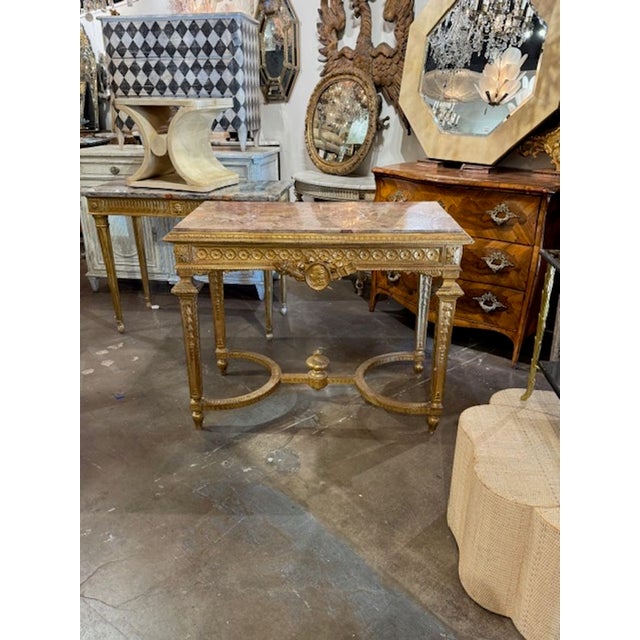 Wood 19th Century Italian Carved Giltwood Console Table With Marble Top For Sale - Image 7 of 9