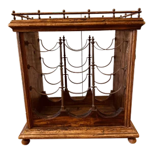 1960s Italian Rustic Brass and Wood 9-Bottle Wine Rack