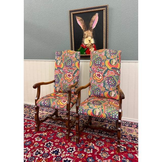 Brown Antique Pair of Catalan Style Carved Oak Recently Upholstered Armchairs C. 1920s For Sale - Image 8 of 18