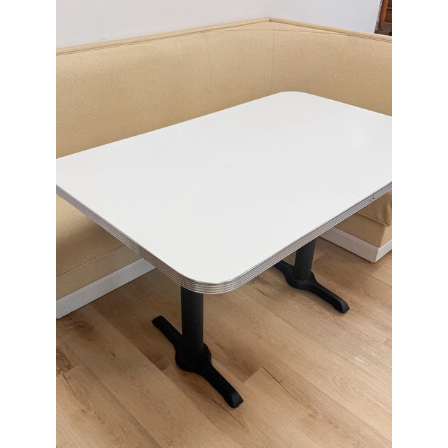 Wood Vintage Retro Diner Banquette Booth Set Chrome Table Cream Vinyl L-Shape For Sale - Image 7 of 18