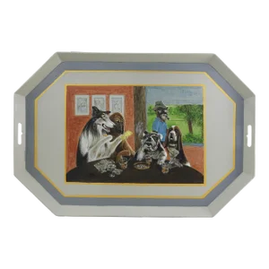 Vintage Iron Handmade Tray With Unique Puppy Playing Cards Scene