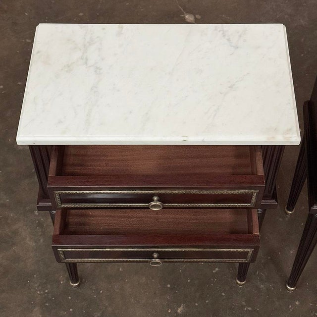 Pair Louis XVI Style Mahogany End Tables ~ Nightstands With Carrara Marble For Sale - Image 12 of 12