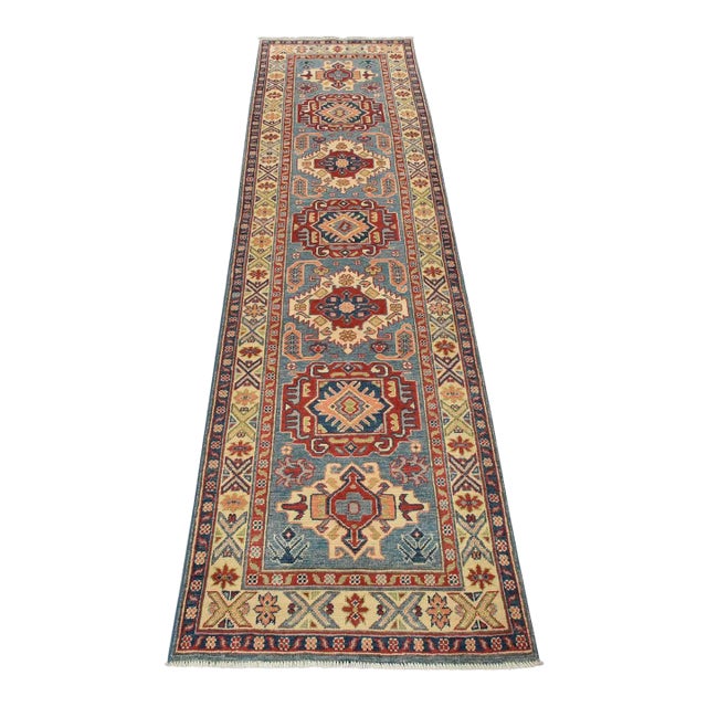 Kazak Runner 2’9” X 9’6” Blue Wool Tribal Hand-Knotted Oriental Rug For Sale