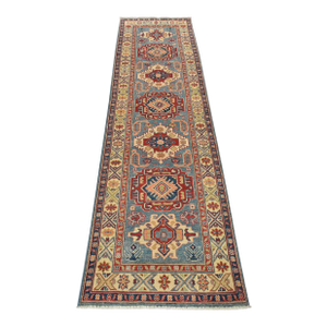 Kazak Runner 2’9” X 9’6” Blue Wool Tribal Hand-Knotted Oriental Rug