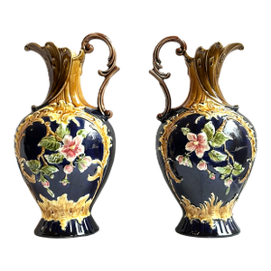 Pair of Antique Majolica Ewer Vases – Cobalt Blue With Pink Blossoms – Early 20th Century Pitchers