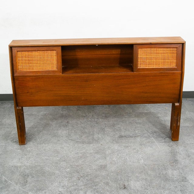 1970s Mid Century Modern Headboard Bed Frame Full Size Cane Doors Walnut Vintage MCM For Sale - Image 5 of 11