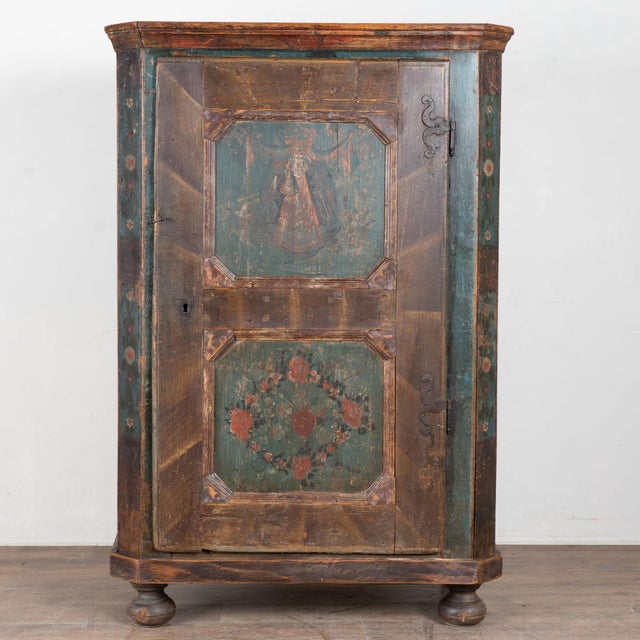 Folk Art 19th Century Hungarian Original Hand Painted Pine One-Door Armoire For Sale - Image 3 of 13
