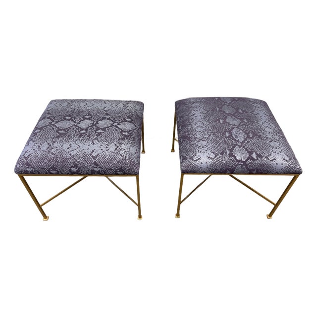Glam Rock Snakeskin Benches With Brass X-Base For Sale