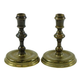 Antique Late 19th Century Solid Brass Candlesticks With Round Base- a Pair For Sale