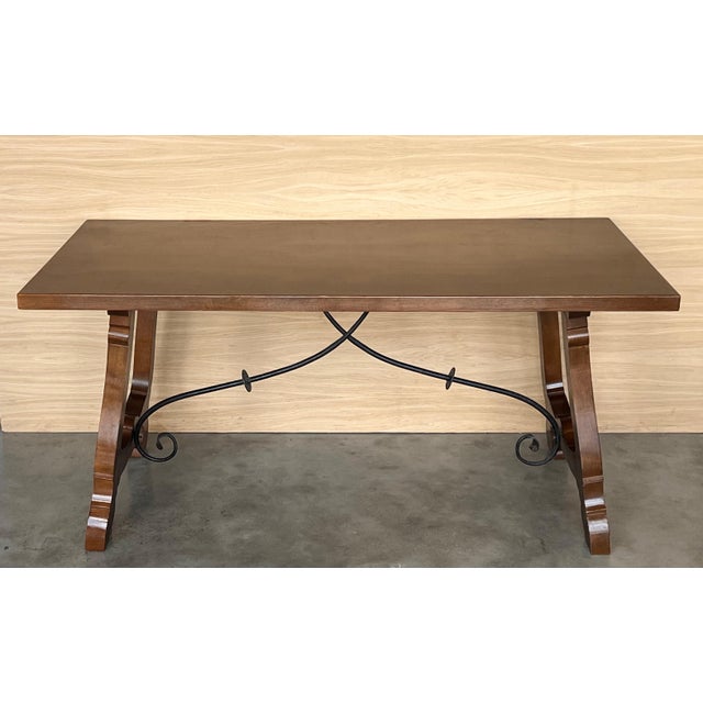 Baroque 20th Dining or Console Table of Walnut with Lyre Legs and Heavy Top, Spain For Sale - Image 3 of 18