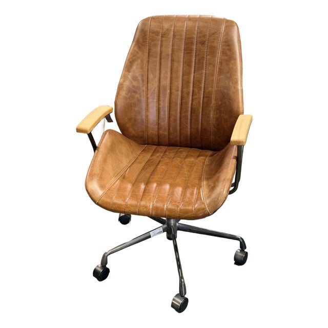 Acme Hamilton Cocoa Brown Leather Channel-Stitched Swivel Task Chair With Wood Armrests For Sale