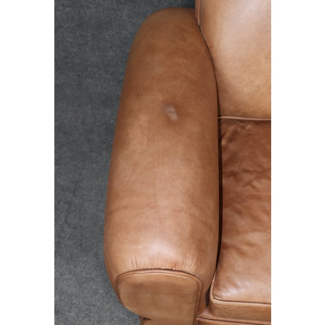 Pair Restored French Art Deco Style Leather Distressed Moustache Club Chairs For Sale - Image 13 of 14