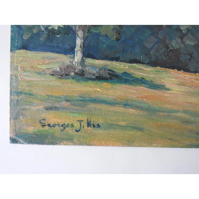Vintage mid 20th century oil on canvas board painting of a hillside landscape by George Jean His (20th century) New...