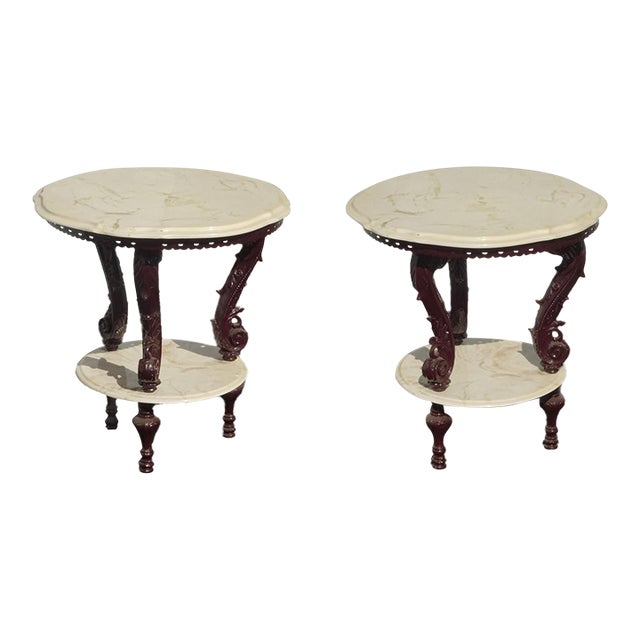 Pair of Vintage Victorian Style Two Tier Marble Top Side Tables ~ Accent Tables For Sale