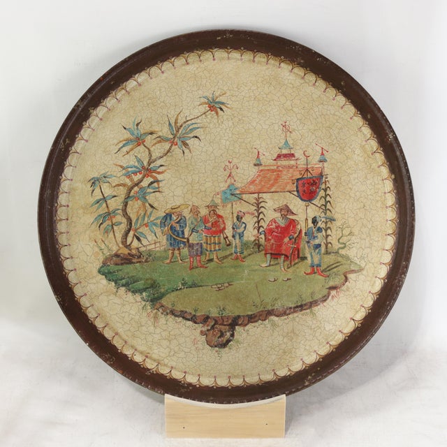 Vintage Hand Painted Chinoiserie Tole Tray Cream Lacquer With Figurative Oriental Scene For Sale - Image 9 of 9