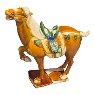 Chinese Tang Sancai Style Ceramic War Horse Statue With Drip Glaze For Sale