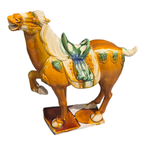 Chinese Tang Sancai Style Ceramic War Horse Statue With Drip Glaze