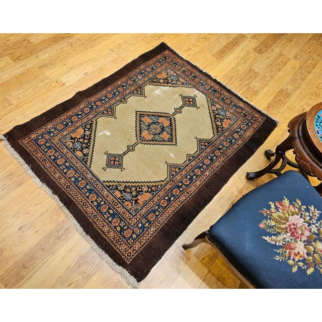 Antique Persian Serab Area Rug, Hand-Knotted Wool, Geometric Medallion Pattern, Camel Hair & Brown, 4x5 For Sale - Image 9 of 18