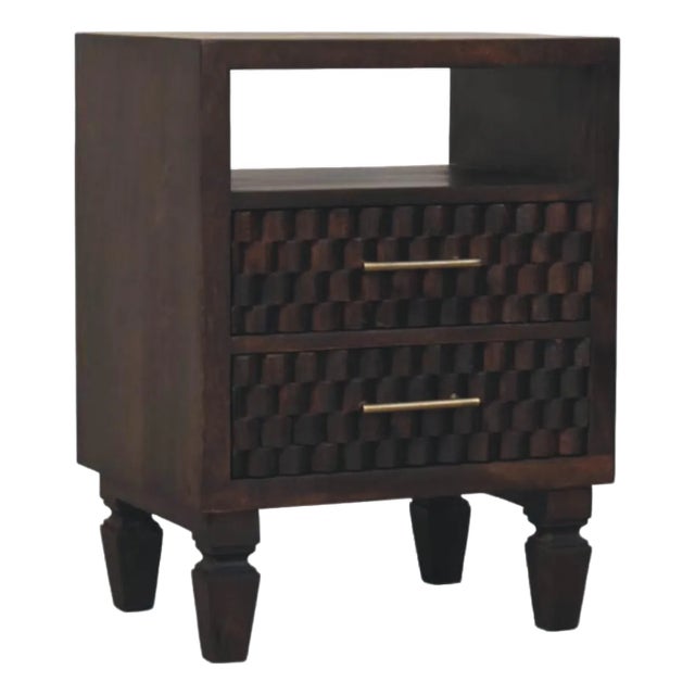 Carved Mango Wood Bedside Table in California Walnut For Sale